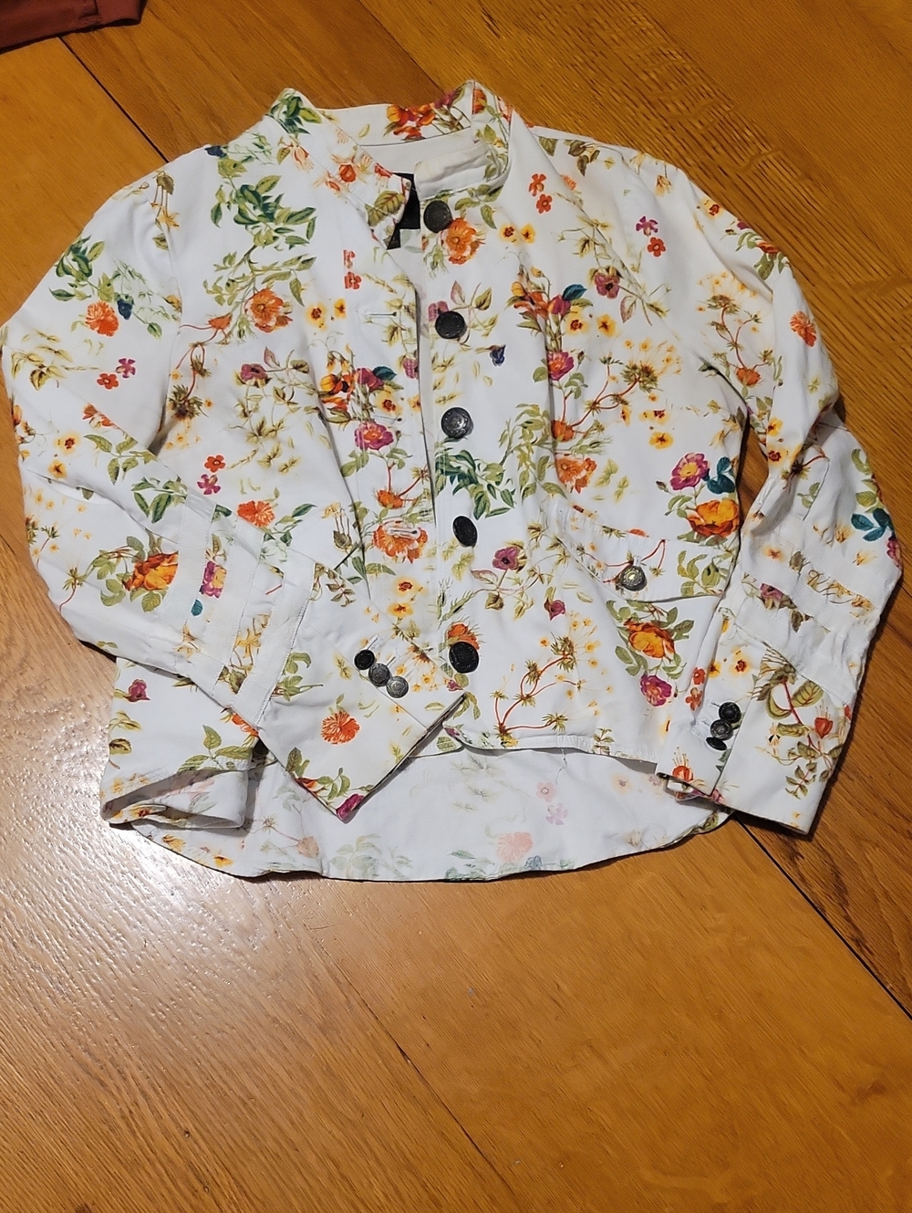 Disney White Floral Pea Coat with Multicolor Garden Print